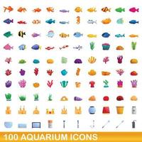 100 aquarium iconen set, cartoon stijl vector