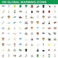 100 opwarming van de aarde iconen set, cartoon stijl vector