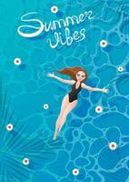meisje met zonnebril zwemt op haar rug in een zwembad met bloemen en schaduwen van palmbomen vector