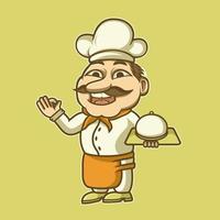 vector illustratie logo ontwerp, chef-kok mascotte serveren met een glimlach