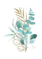 aquarel tekening. boeket, samenstelling van eucalyptusbladeren. groene en gouden tropische bladeren in vintage stijl