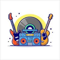 muziekinstrument concert uitvoeren met gitaar, boombox en grote vinyl muziek cartoon vector pictogram illustratie. kunst object pictogram concept geïsoleerde premium vector. platte cartoonstijl