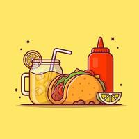 Taco Mexicaans eten met limonade en ketchup cartoon vector pictogram illustratie. eten en drinken pictogram concept geïsoleerde premium vector. platte cartoonstijl