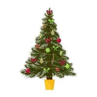 kerstboom versierd met kerstboomspeelgoed, ballen, kralen en strikken ontwerpelement voor wenskaarten, reclamefolders. geïsoleerd op een witte achtergrond. vectorillustratie in vlakke stijl. vector