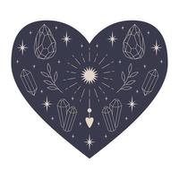 symmetrisch mystiek hart met omtrekkristallen, zon met stralen, twijgen en een hart. decoratief element voor Valentijnsdagkaarten, verpakkingsontwerp. vectorillustratie geïsoleerd op een witte achtergrond. vector