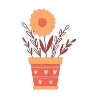 een eenvoudige abstracte bloem in een pot met een hart. een kamerplant met een knop en twijgen. een decoratief element voor valentijnskaarten. kleur vectorillustraties geïsoleerd op een witte achtergrond. vector