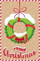 het concept van een nieuw jaar, kerstwenskaart met de woorden vrolijk kerstfeest. vuren krans met linten, strikken en sneeuw. verticale wenskaartsjabloon in een vlakke stijl met elementen van Kerstmis vector