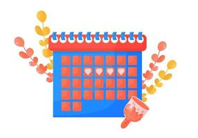 kalender van de vrouwelijke menstruatiecyclus, ovulatiecontrole. het concept van maandelijkse vrouwendagen. kalender met botanische elementen, eucalyptus takken, katoen. vectorillustratie in cartoon-stijl vector