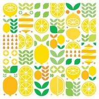 abstract kunstwerk van citroen fruit symboolpictogram. eenvoudige vectorkunst, geometrische illustratie van kleurrijke citrusvruchten, sinaasappelen, limoenen, limonade en bladeren. minimalistisch plat modern design op witte achtergrond. vector
