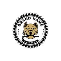 hond bijt hamer dier design logo, retro vintage, timmerwerk logo. ontwerpsjabloon bouw bouw onderhoud aannemer vector