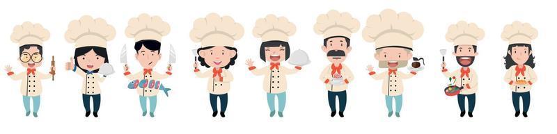 chef-kok in verschillende kooktekensets