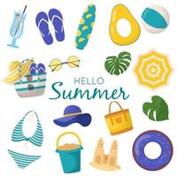 set van schattige zomerelementen surfplank, cocktail, tas, hoed, palmboom, bikini, slippers, parasol, bal, zandkasteel, reddingsboei. platte vectorillustratie voor zomerposter, kaart, tag vector