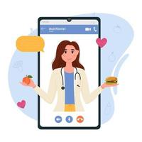 een vrouwelijke voedingsdeskundige op het smartphonescherm. online cursus. voeding en dieet therapie, medische consultatie online. vector