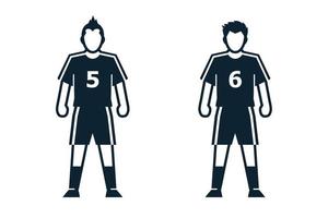 voetballer, mensen en kleding pictogrammen met witte achtergrond vector