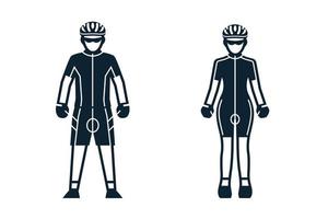 wielrenner, sportspeler, mensen en kleding pictogrammen met witte achtergrond vector