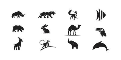 dieren neushoorn, tijger, vos, beer, konijn, kameel, geit, aap, olifant, dolfijn, vogel, vis set logo vector silhouet