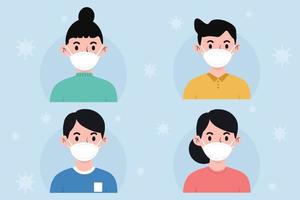 set mensen die medische gezichtsmaskers dragen om ziekte, griep, besmette luchtvervuiling te voorkomen. vector