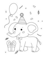 verjaardag kleurplaat met schattige cartoon olifant, ballon en cadeau. jungle dieren. overzicht vectorillustratie. vector