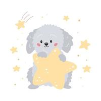 schattige cartoon puppy met ster. handgetekende labradoodle-hond. vectorillustratie voor kinderen poster print, kinderdagverblijf, wenskaart en sticker. vector