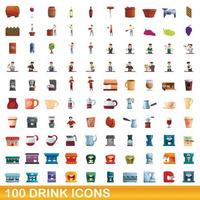 100 drank iconen set, cartoon stijl vector