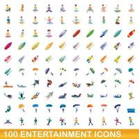 100 entertainment iconen set, cartoon stijl vector