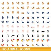 100 dieren iconen set, cartoon stijl vector