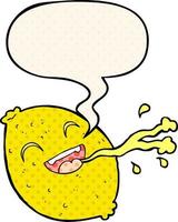 cartoon spuitende citroen en tekstballon in stripboekstijl vector