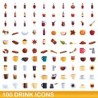 100 drank iconen set, cartoon stijl vector