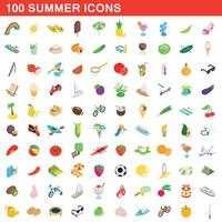 100 zomer iconen set, isometrische 3D-stijl vector