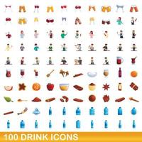 100 drank iconen set, cartoon stijl vector