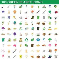 100 groene planeet iconen set, cartoon stijl vector