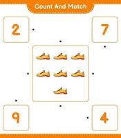 tel en match, tel het aantal hardloopschoenen en match met de juiste nummers. educatief kinderspel, afdrukbaar werkblad, vectorillustratie vector