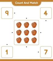 tel en match, tel het aantal honkbalhandschoenen en match met de juiste nummers. educatief kinderspel, afdrukbaar werkblad, vectorillustratie vector