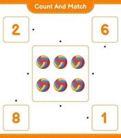 tel en match, tel het aantal volleybal en match met de juiste nummers. educatief kinderspel, afdrukbaar werkblad, vectorillustratie vector