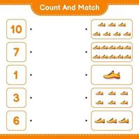 tel en match, tel het aantal hardloopschoenen en match met de juiste nummers. educatief kinderspel, afdrukbaar werkblad, vectorillustratie vector