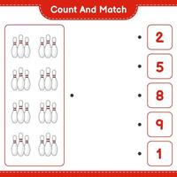 tel en match, tel het aantal bowlingpins en match met de juiste nummers. educatief kinderspel, afdrukbaar werkblad, vectorillustratie vector