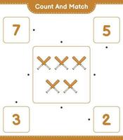 tel en match, tel het aantal honkbalknuppels en match met de juiste nummers. educatief kinderspel, afdrukbaar werkblad, vectorillustratie vector