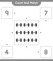 tel en match, tel het aantal dumbbells en match met de juiste nummers. educatief kinderspel, afdrukbaar werkblad, vectorillustratie vector