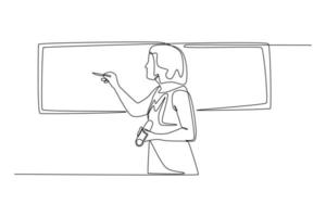 continue één lijntekening vrouwelijke coach die projectmanagementstudies op het whiteboard toont. communicatie- en projectmanagementconcept. enkele lijn tekenen ontwerp vector grafische afbeelding.