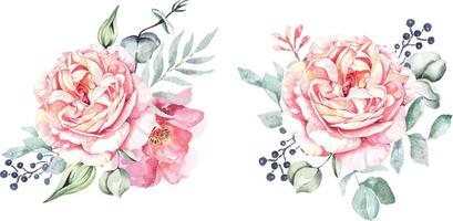 aquarel bloem roos compositie. hand getekend botanische bloemen illustratie voor bruiloft uitnodiging card.bouquet bloeiende anemone schilderij. vintage stijl. vector