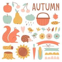 set met handgetekende pastel boselementen in vlakke stijl. herfst collectie iconen bladeren, fruit, dieren en belettering herfst. vector illustratie