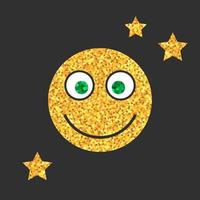 gouden glitter emoji icoon met glimlach op zwarte achtergrond. emoticons sticker met sterren. luxe emoji-symbool voor sociale media, blog of chat. geïsoleerde vectorillustratie vector