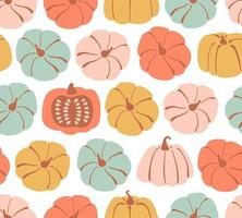 naadloze patroon met de hand getekende schattige pompoen in cartoon-stijl. platte pastel achtergrond van pompoenen en squash. herfsttextuur voor Thanksgiving, oogst en Halloween. vector illustratie