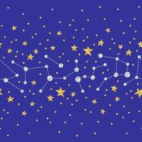magisch naadloos patroon met glinsterende sterrenbeelden van goud en zilver. ster achtergrond en dierenriem sterrenbeelden op blauwe achtergrond. vector