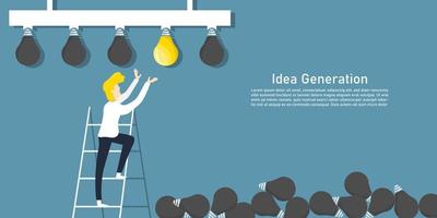 man traplopen met gloeilamp, idee generatie creativiteit ontwerp, digitale marketing illustratie. vector