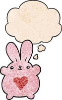 schattig cartoon konijn met liefde hart en gedachte bel in grunge textuur patroon stijl vector