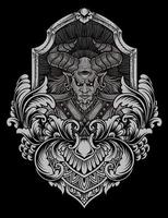 illustratie badass demon met gravure ornament vector