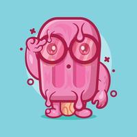 geniale roze popsicle ijs karakter mascotte met denk expressie geïsoleerde cartoon in vlakke stijl ontwerp vector