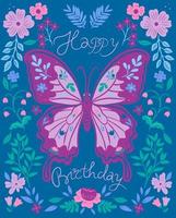 verjaardagskaart met bloemen en vlinder. vector