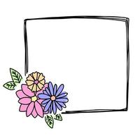 doodle één frame hand getrokken. vierkante lijn met roze bloemen voor bruiloft, gelukkige verjaardag, kinderen geïsoleerd. vector